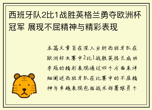 西班牙队2比1战胜英格兰勇夺欧洲杯冠军 展现不屈精神与精彩表现
