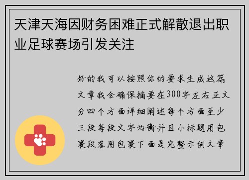 天津天海因财务困难正式解散退出职业足球赛场引发关注